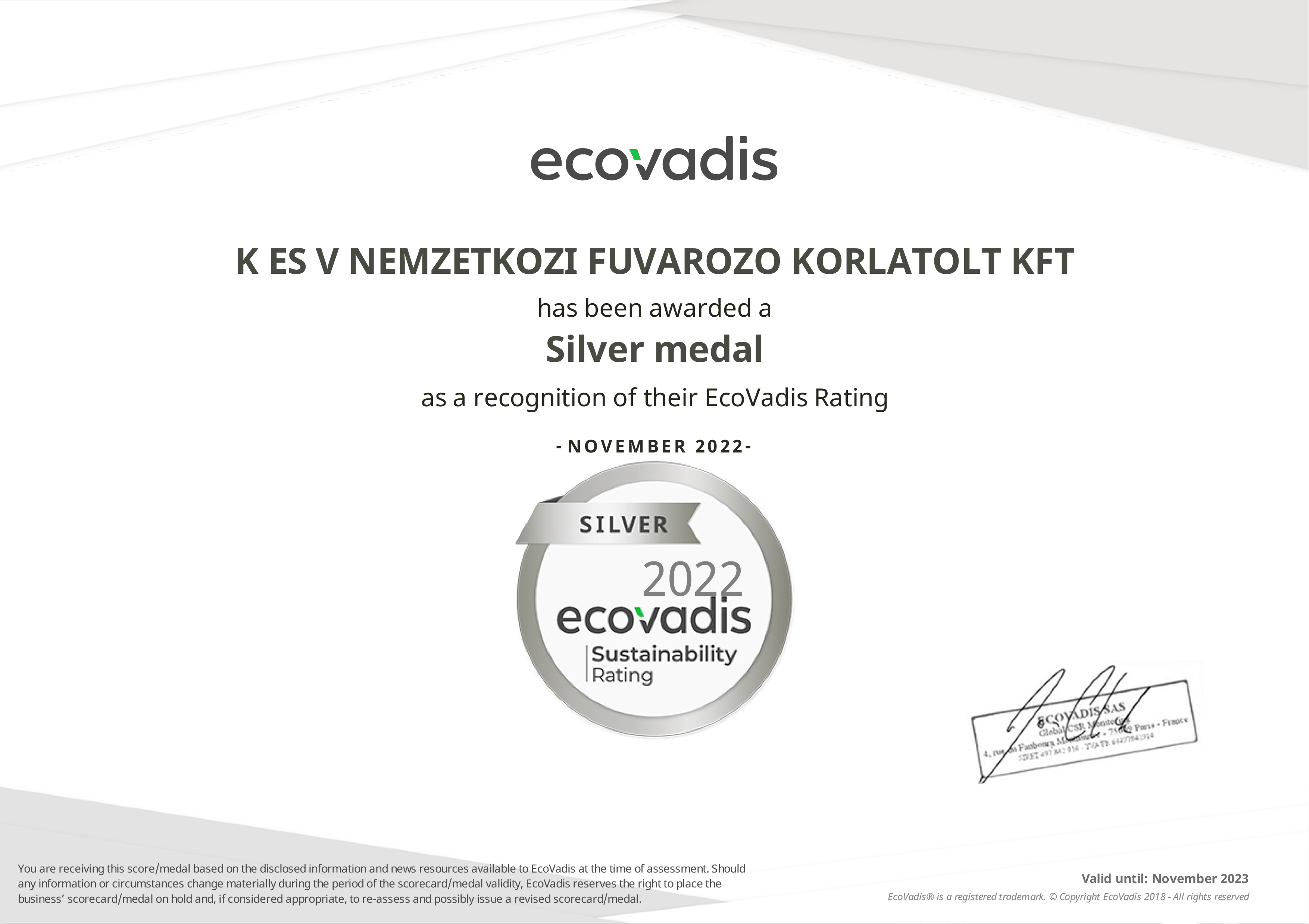 Ecovadis Silver besorolást kapott cégünk